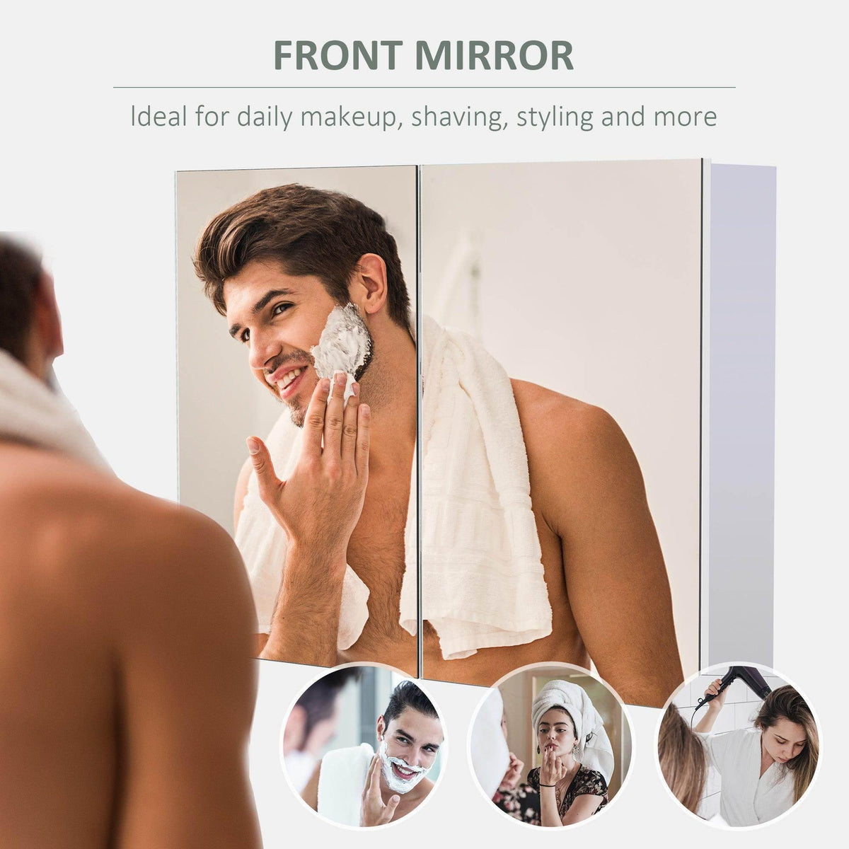 Bathroom mirror cabinet front mirror with reflected person during grooming routine