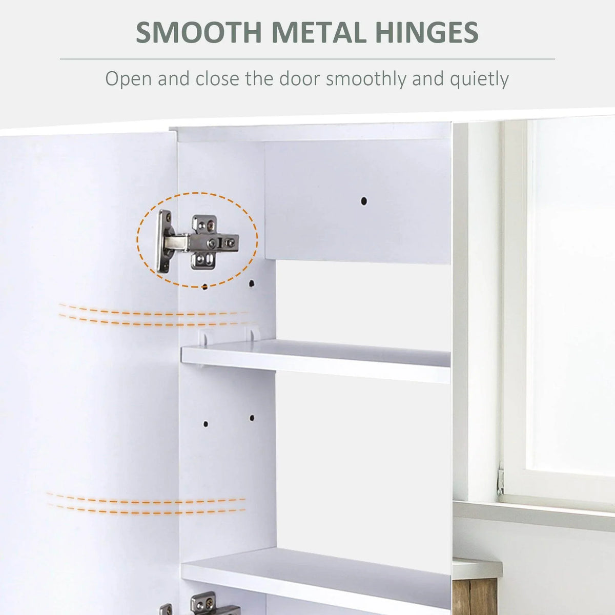 Bathroom mirror cabinet with smooth metal hinges and open door storage shelf