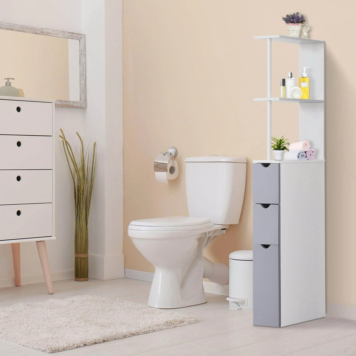 Bathroom storage cabinet with grey and white finish, two open shelves and drawers