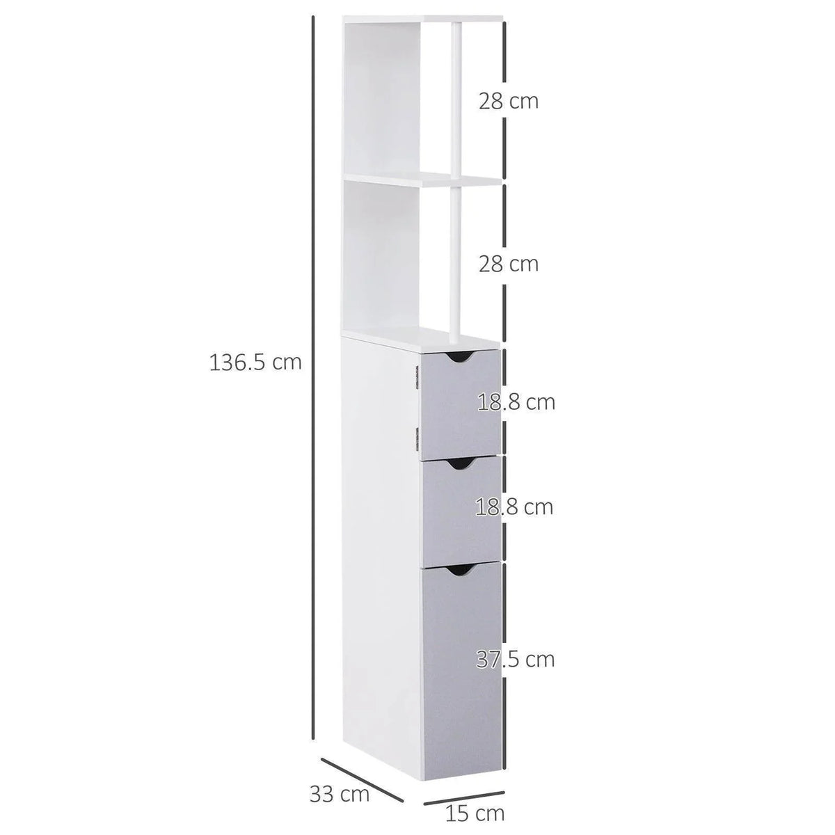 Freestanding tall bathroom cabinet in white and grey with multiple shelves and drawers