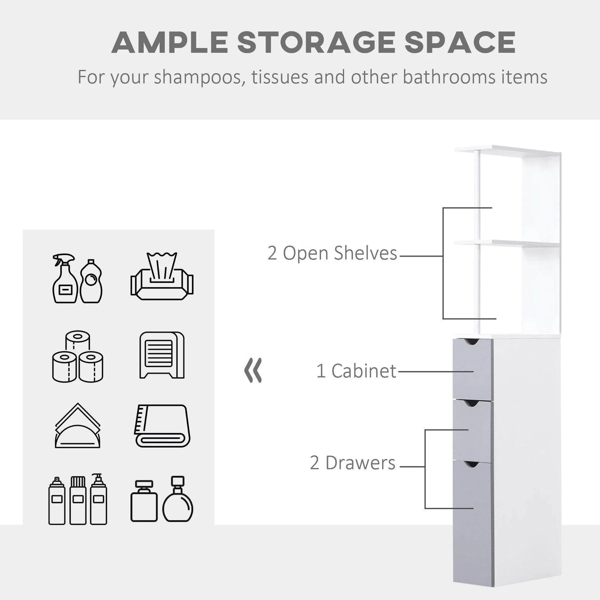 White and grey bathroom storage cabinet layout with two open shelves and two drawers