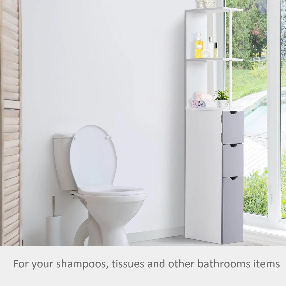 Tall bathroom storage cabinet with white and grey open shelves and stacked drawers