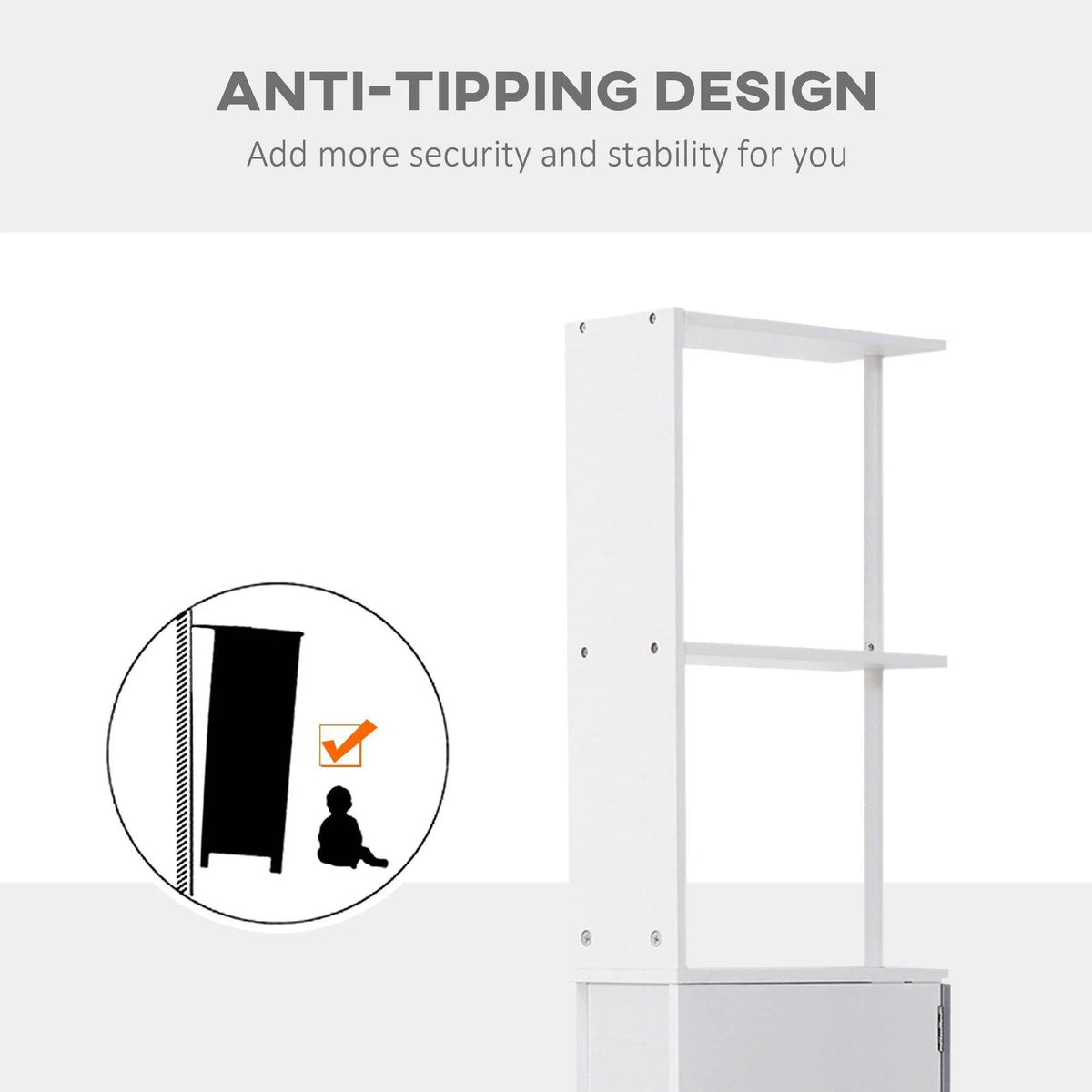 White bathroom cabinet with anti-tip wall bracket and open shelving columns
