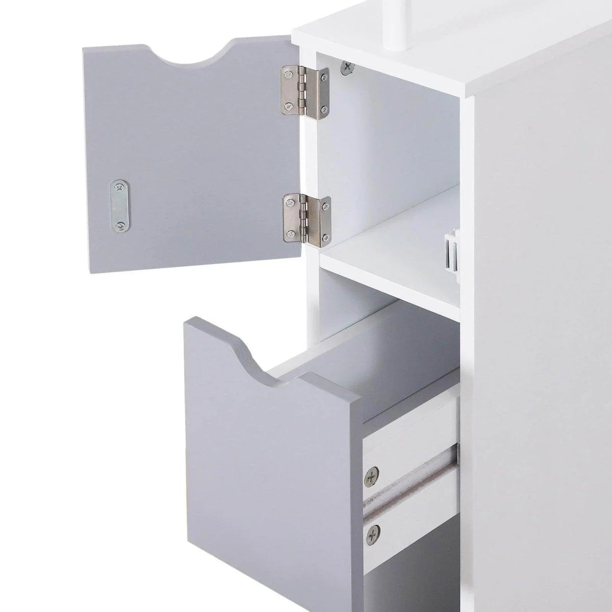 Bathroom cabinet with grey drawer fronts, open drawer, and metal hinge hardware