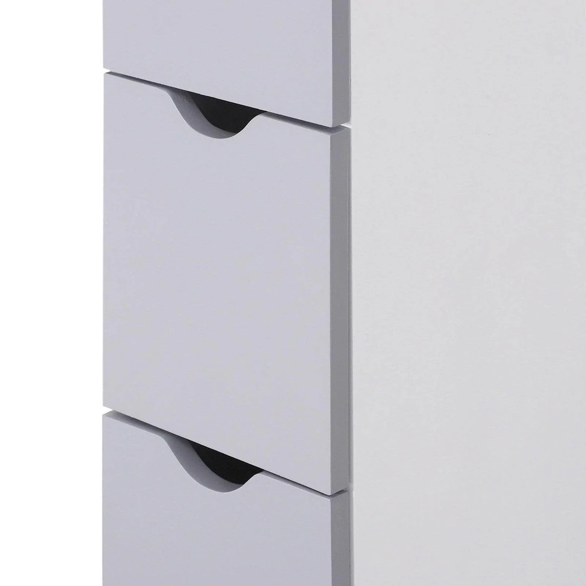 Grey and white stacked cabinet drawers with curved cutout handles