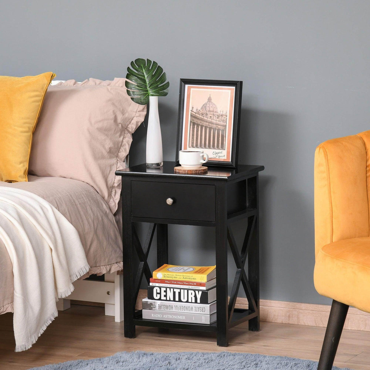 Black accent end table with drawer and lower storage shelf