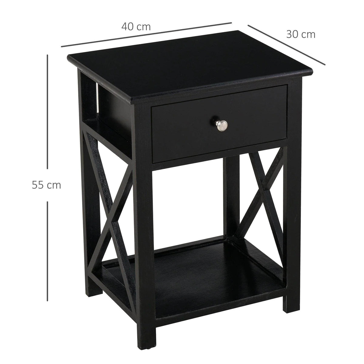 Black end table with drawer front and X-cross base, open lower shelf