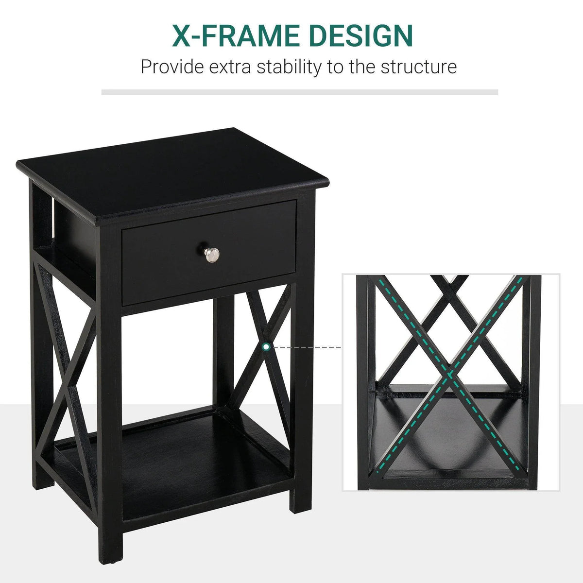 Black end table with drawer, open shelf, and X-frame side supports