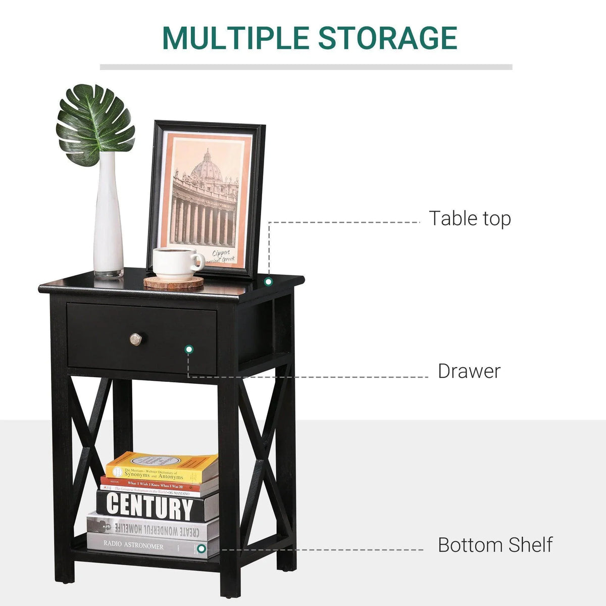Black end table with drawer and two-tier storage, with decor on top