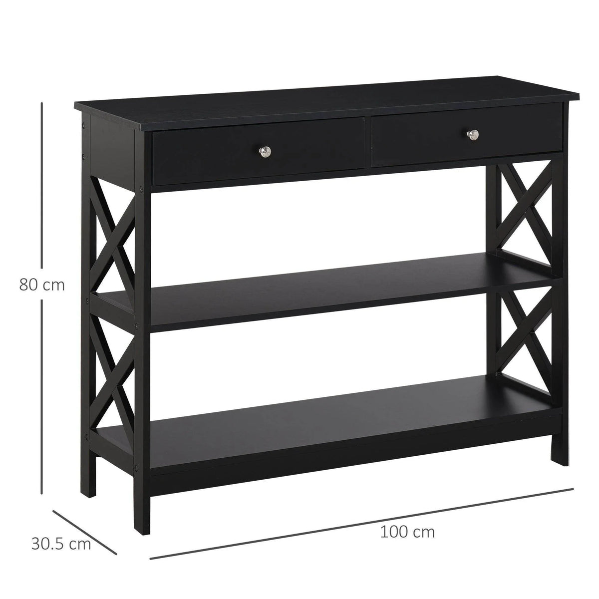 Black console table with one drawer and two open shelves, X-frame support legs.