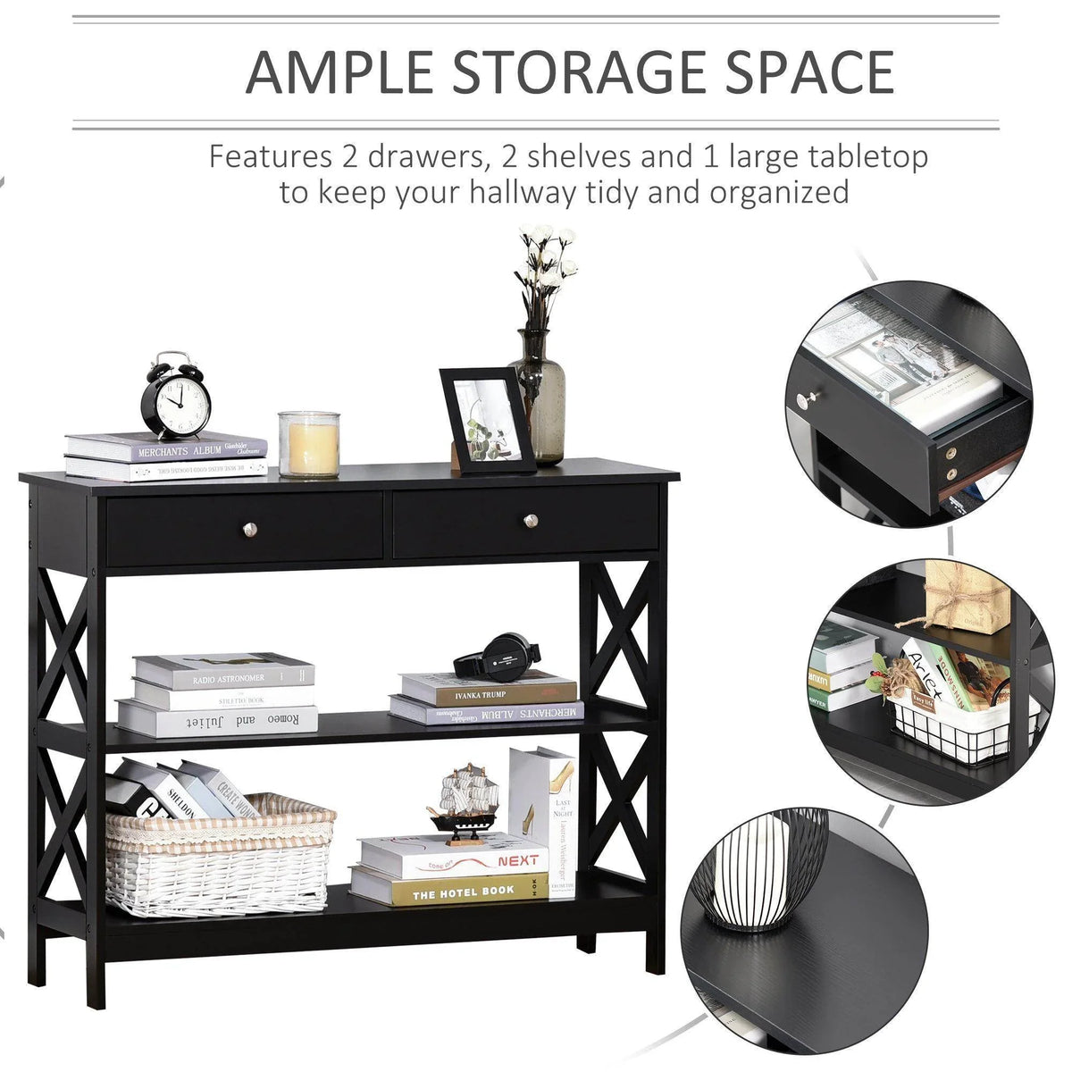 Black console table with two drawers and two shelves for storage.