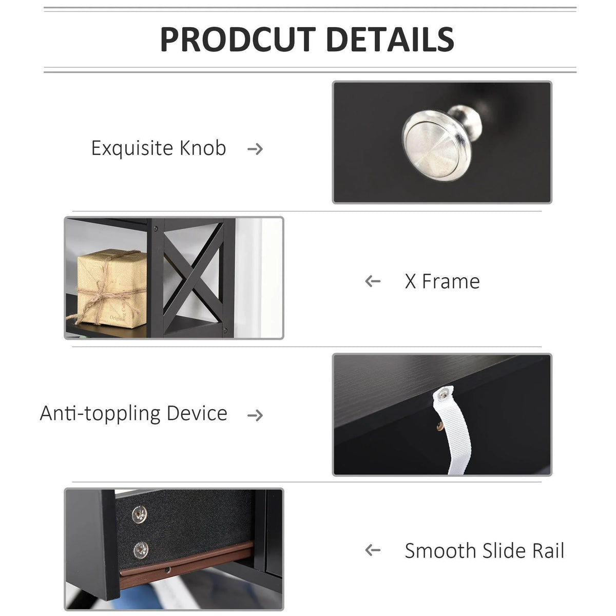 Black console table details: round knob, X-frame, anti-tipping device, smooth slide rail.