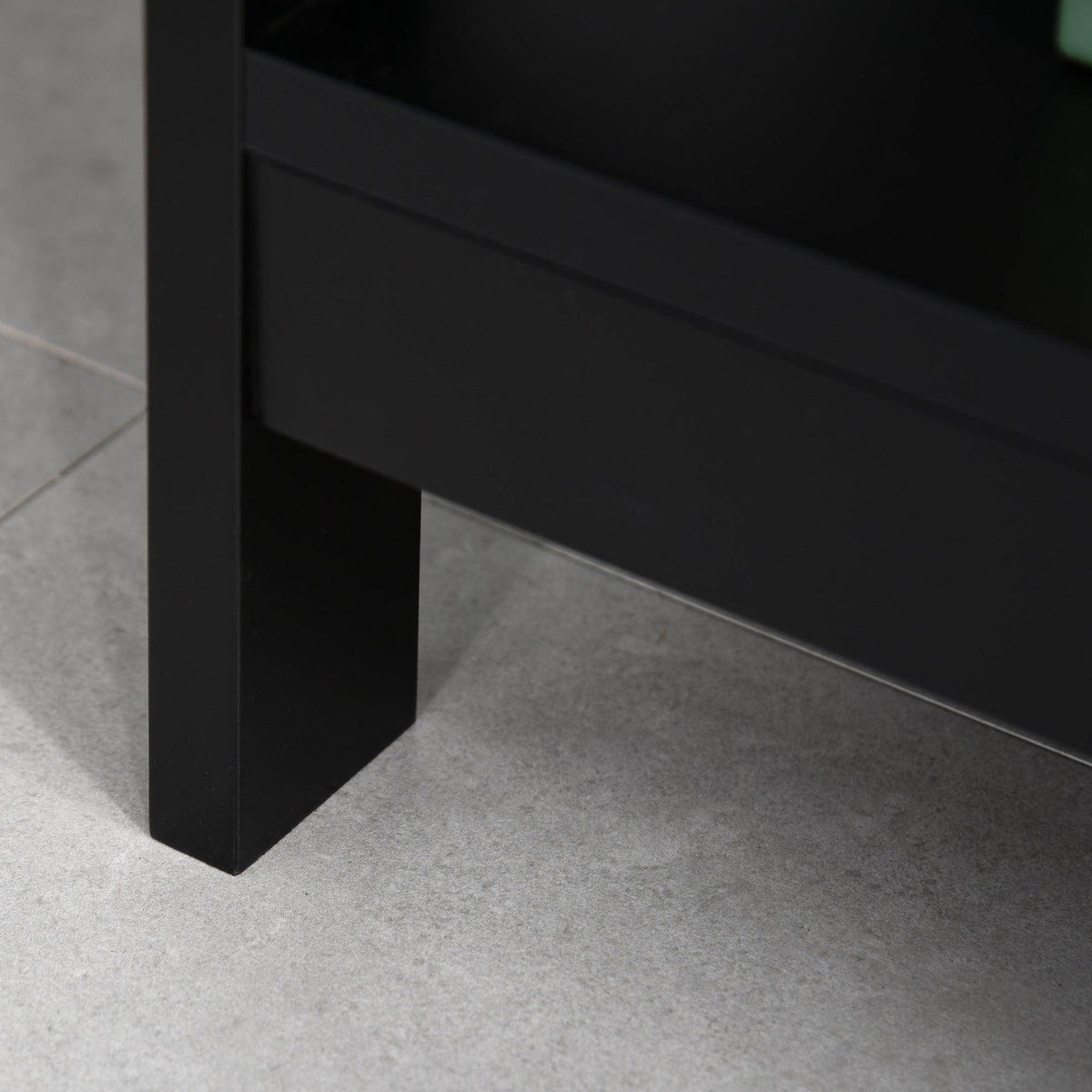 Black console table leg and underside panel with flat base.