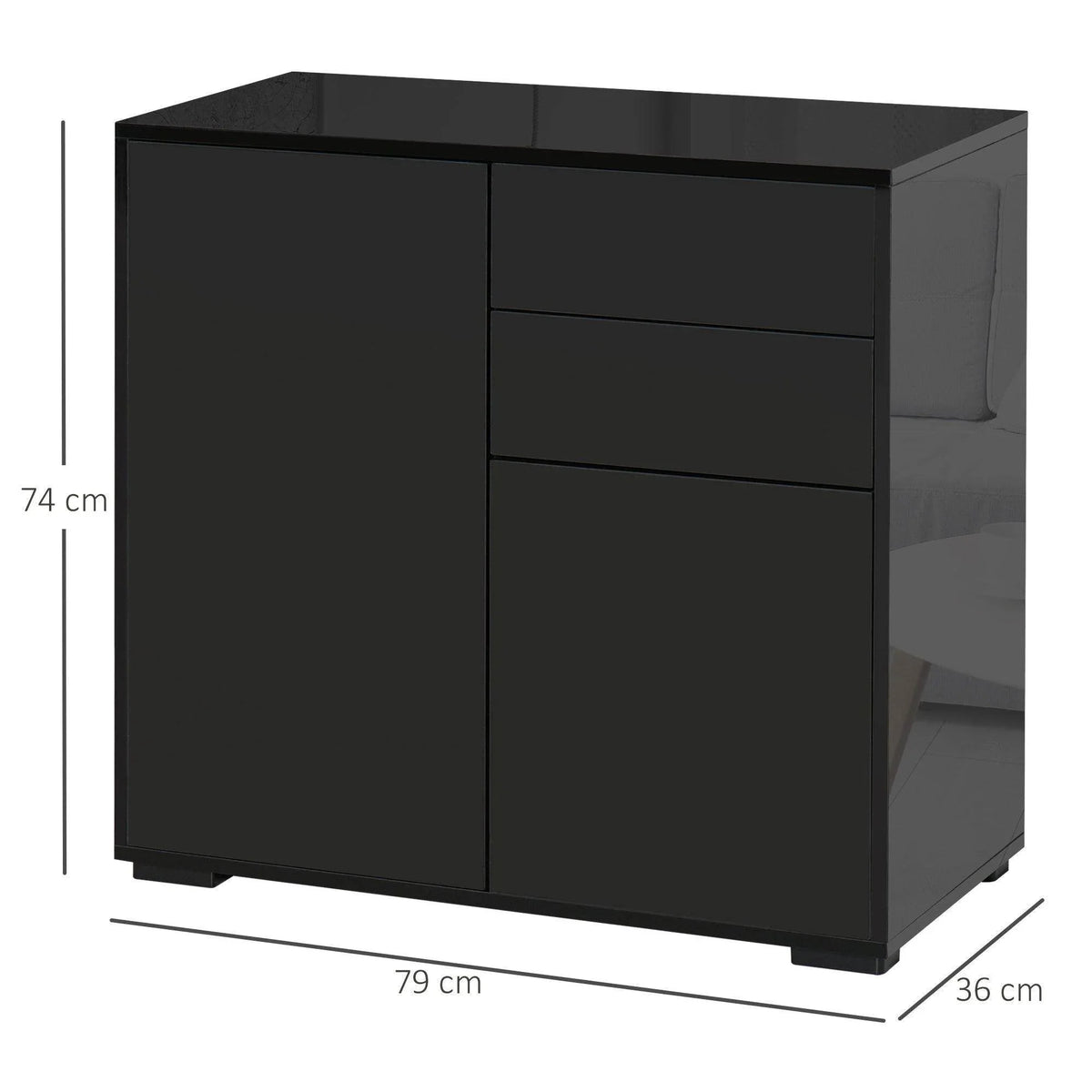 Black high-gloss sideboard cabinet with two doors and two drawers, front view.