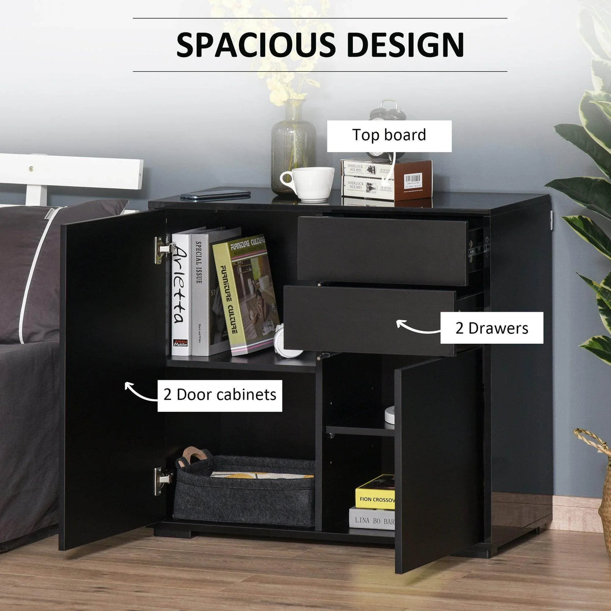 Black high-gloss sideboard with open compartments, 2 drawers and 2 door cabinets.