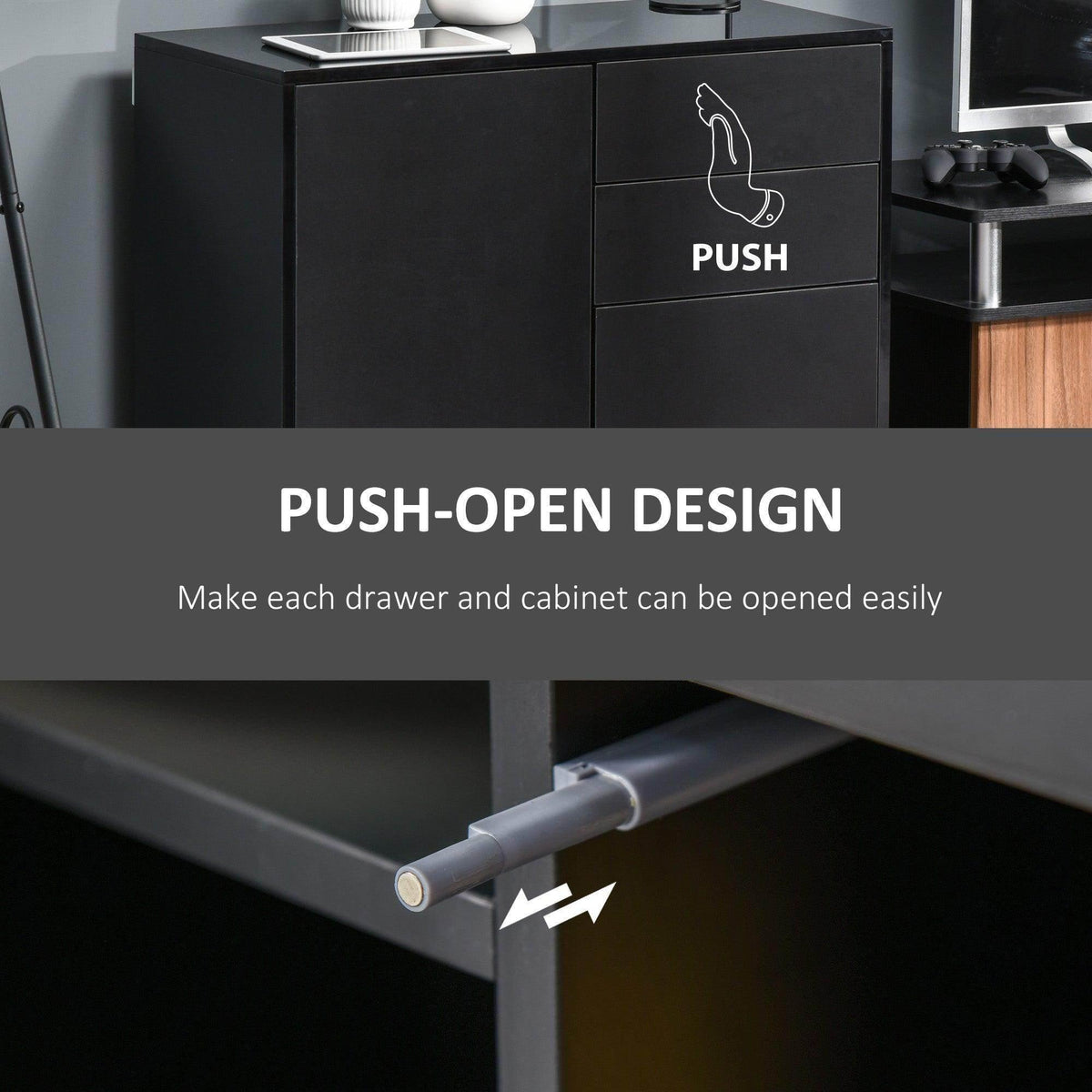 Black high-gloss sideboard with 2 drawers and push-open doors on cabinet front