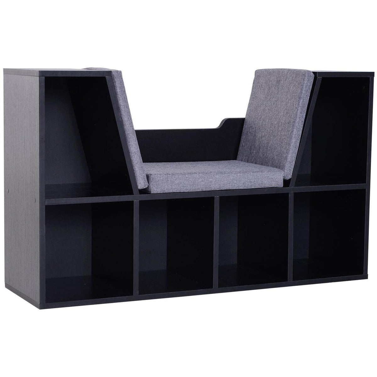 Black storage bench with hinged seat backrests and grey upholstered cushions