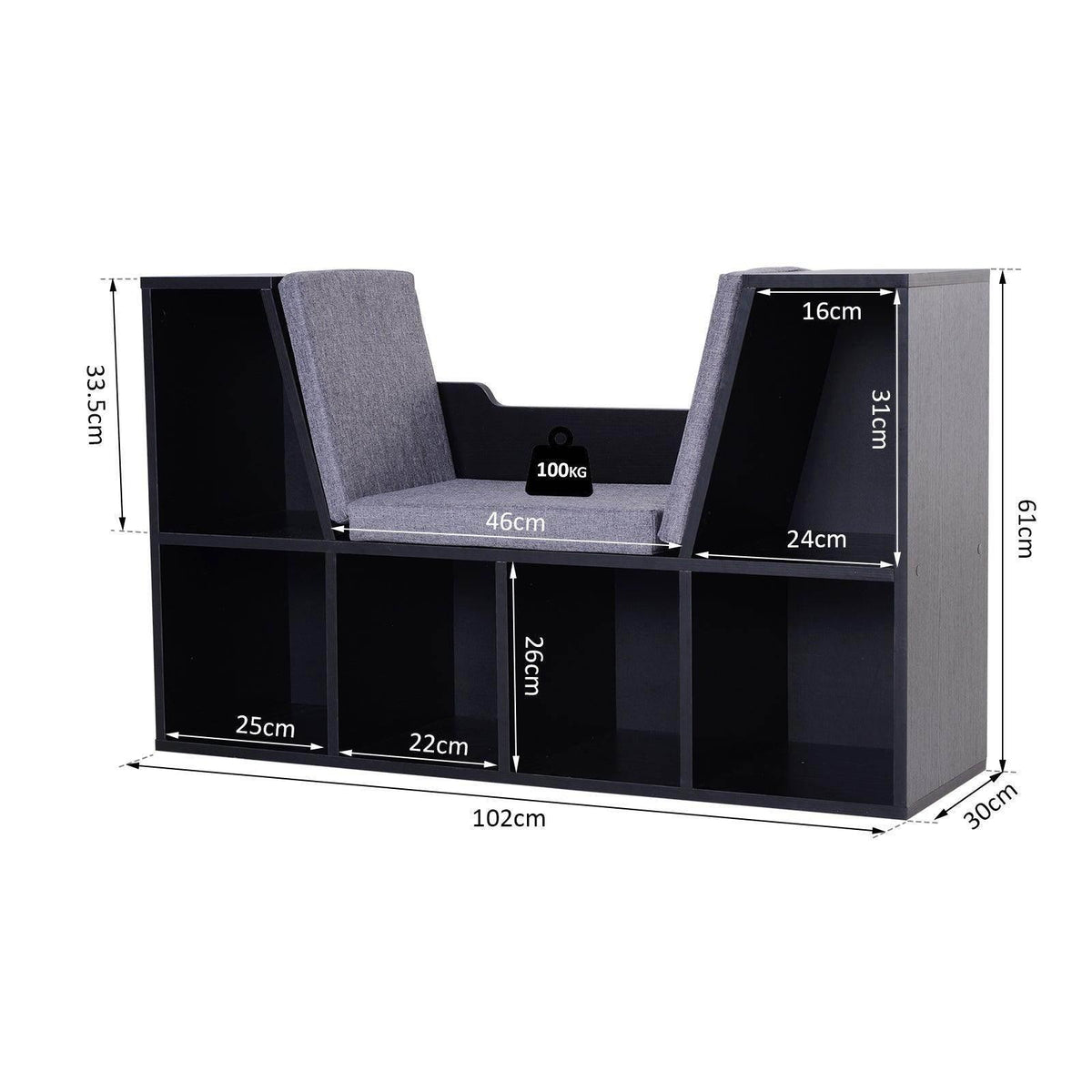 Black cubby storage bench with grey fabric seat and two open storage sides