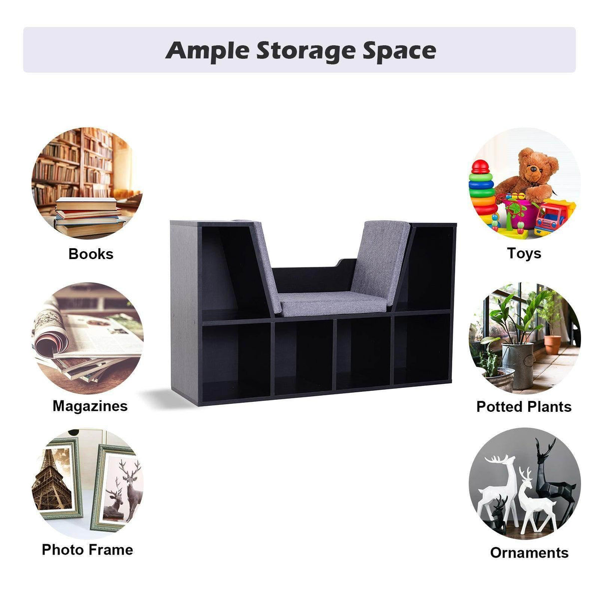 Cubby storage bench with grey upholstered seat and black open compartments