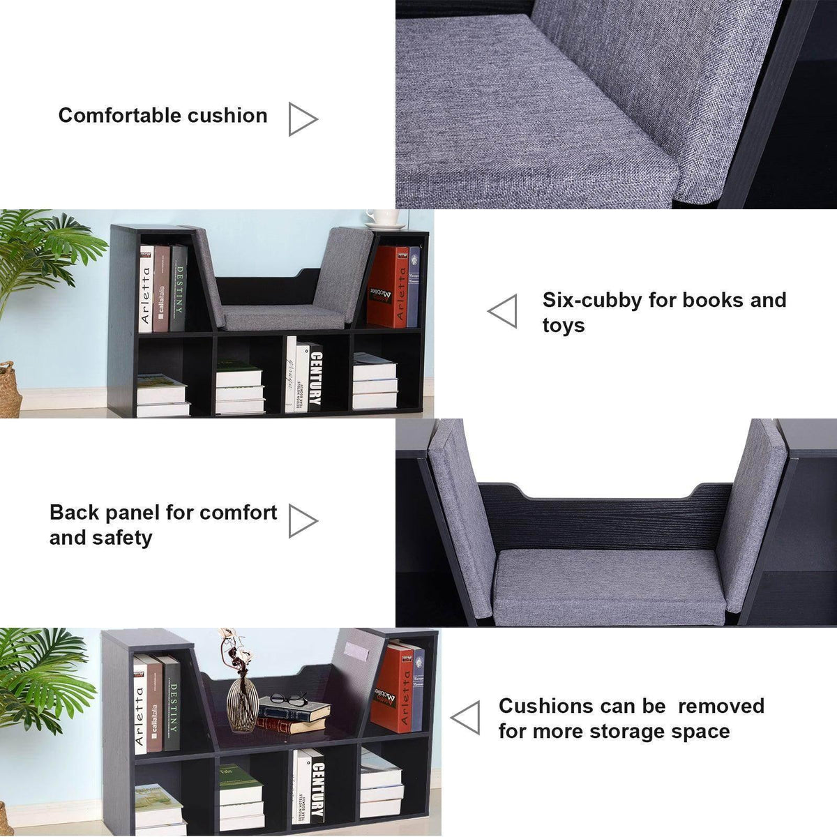 Black storage bench with removable cushions and grey upholstered seat backrests