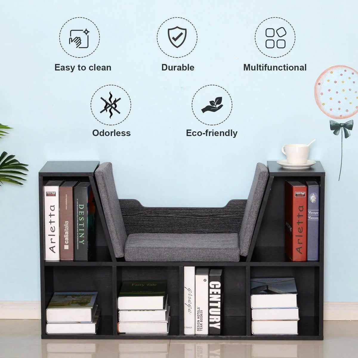 Black cubby storage bench with grey cushioned seat and open book storage shelves