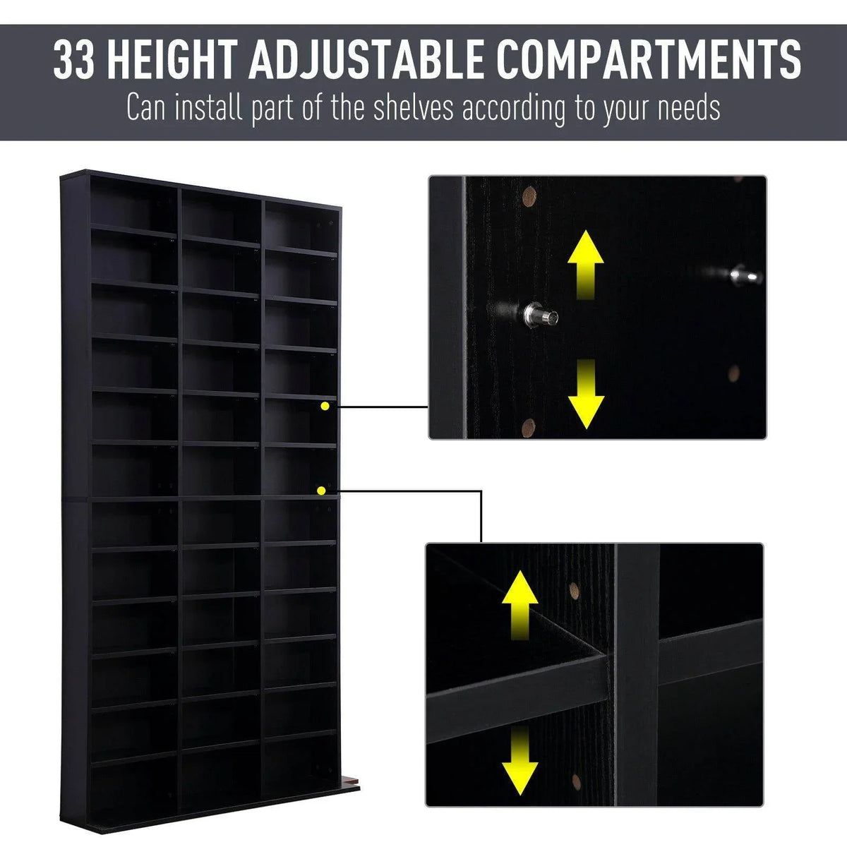 Black tall media storage cabinet with adjustable height compartment design