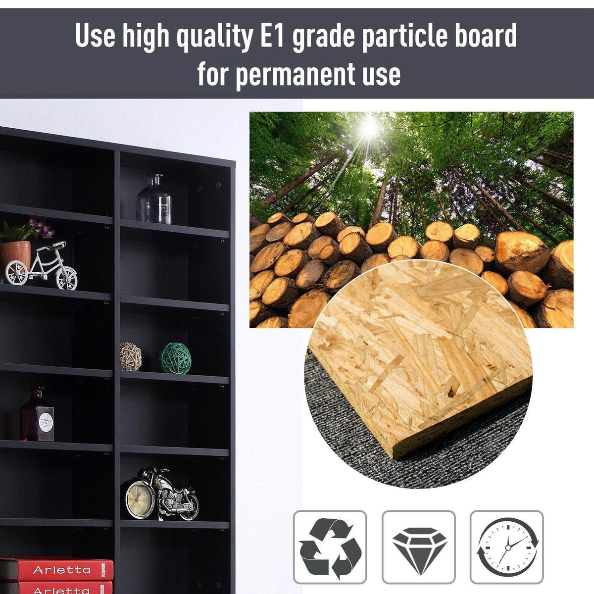 Black particle board media cabinet with compartment shelving for CDs and small items