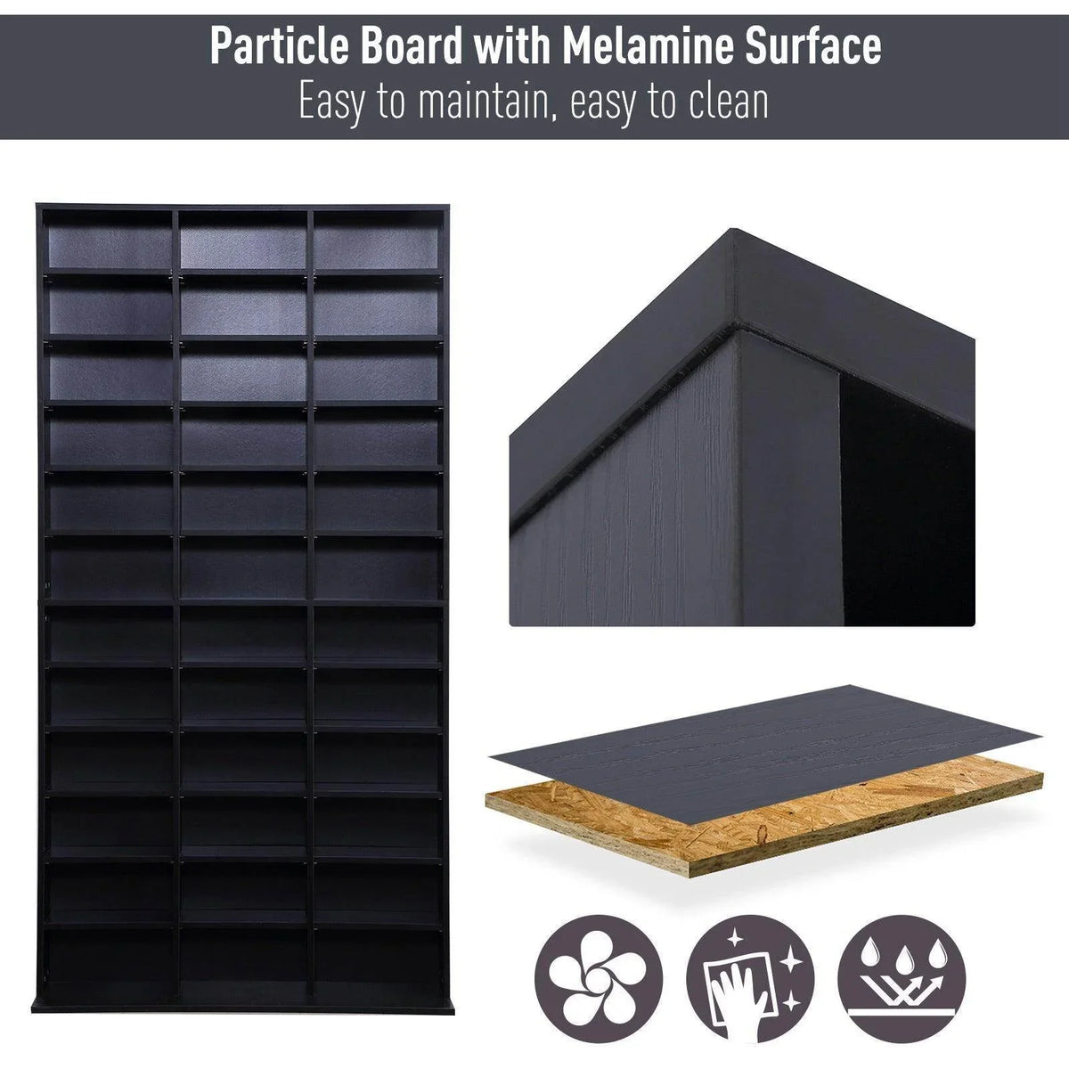 Black media storage cabinet with melamine surface and modular grid compartments