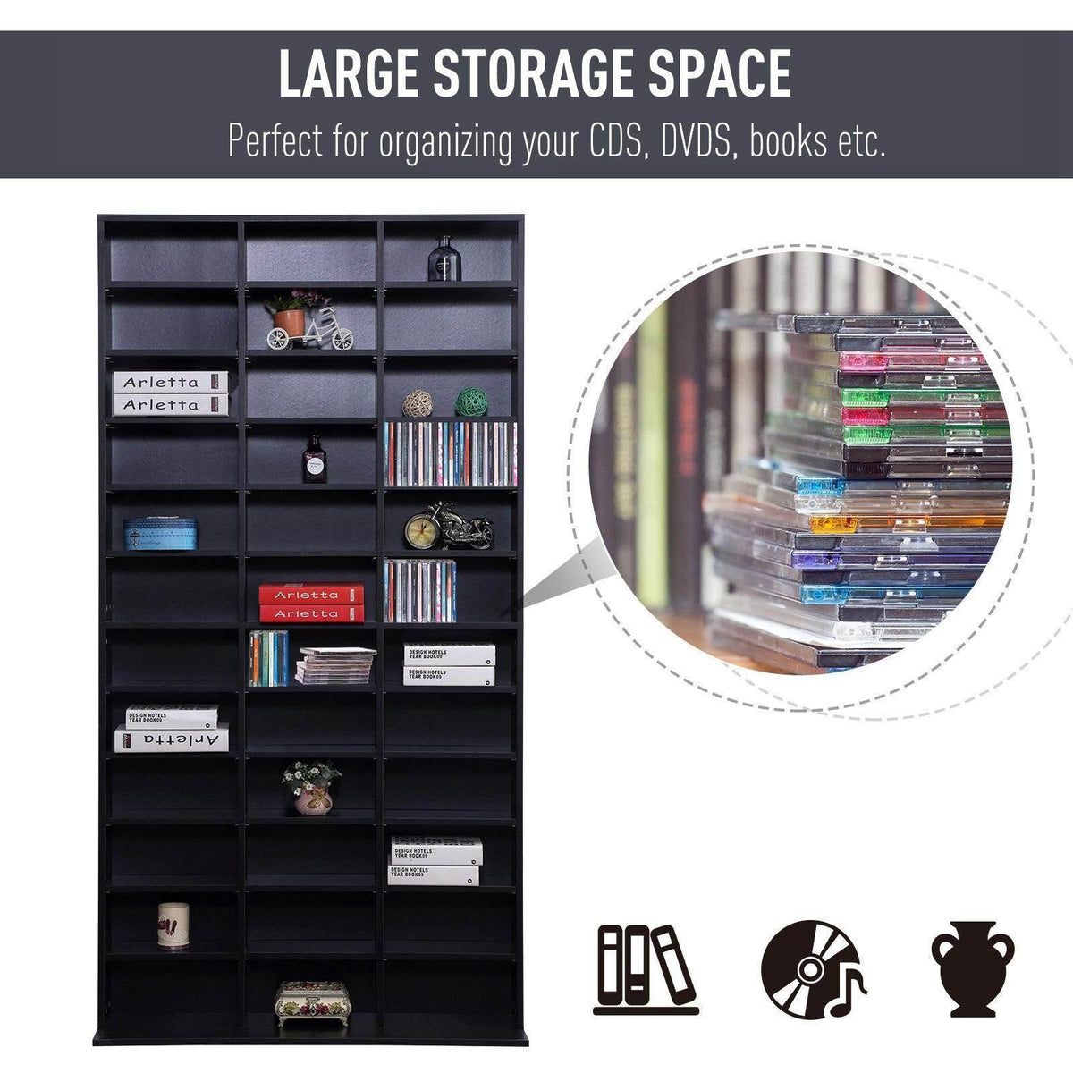 Black CD and DVD storage cabinet with large multi-cubby shelving space