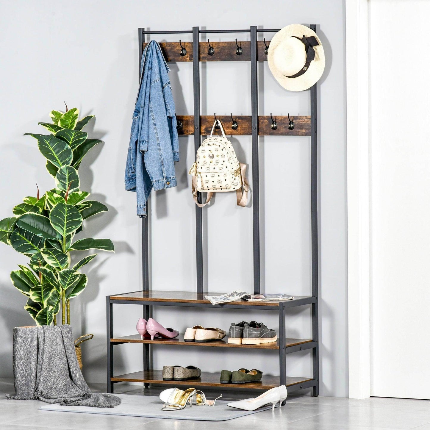 HOMCOM Coat Rack with Hooks, Bench & Shoe Rack - Rustic Brown - ALL4U RETAILER LTD