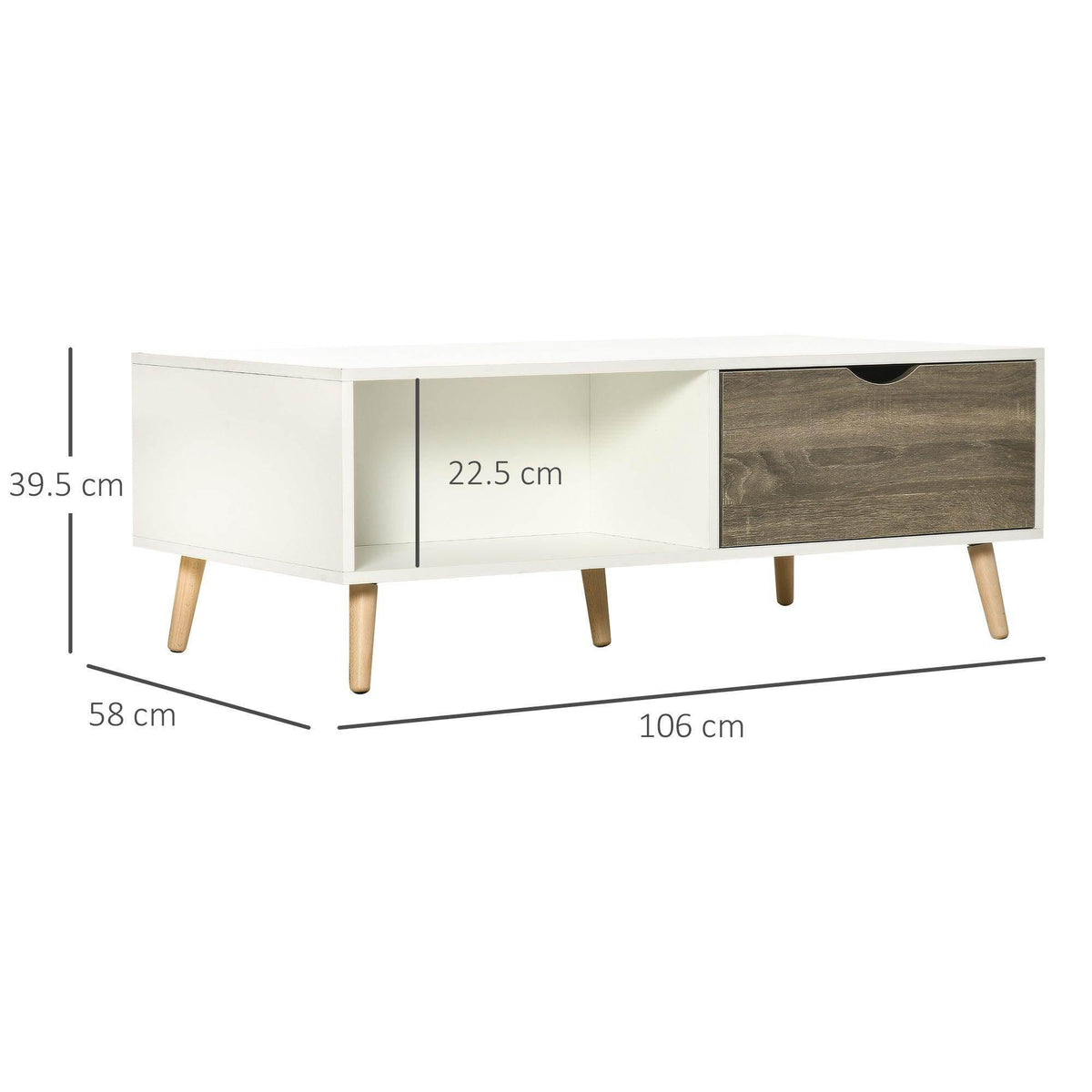 Modern coffee table in white with open center shelf and dark wood-grain drawer