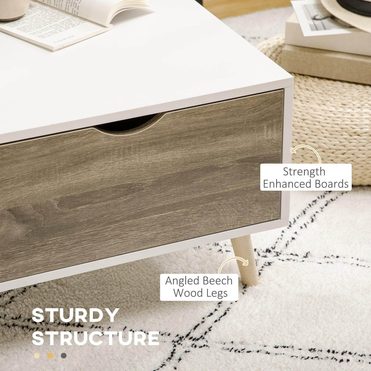 Coffee table side view with dark wood-grain drawer front and angled wooden legs