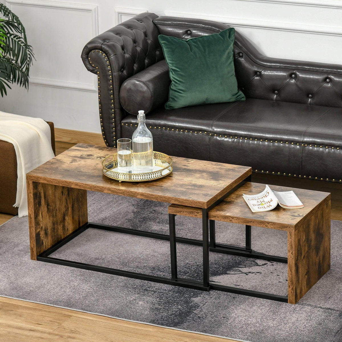 Industrial coffee table set with rustic brown wood tops and black metal legs