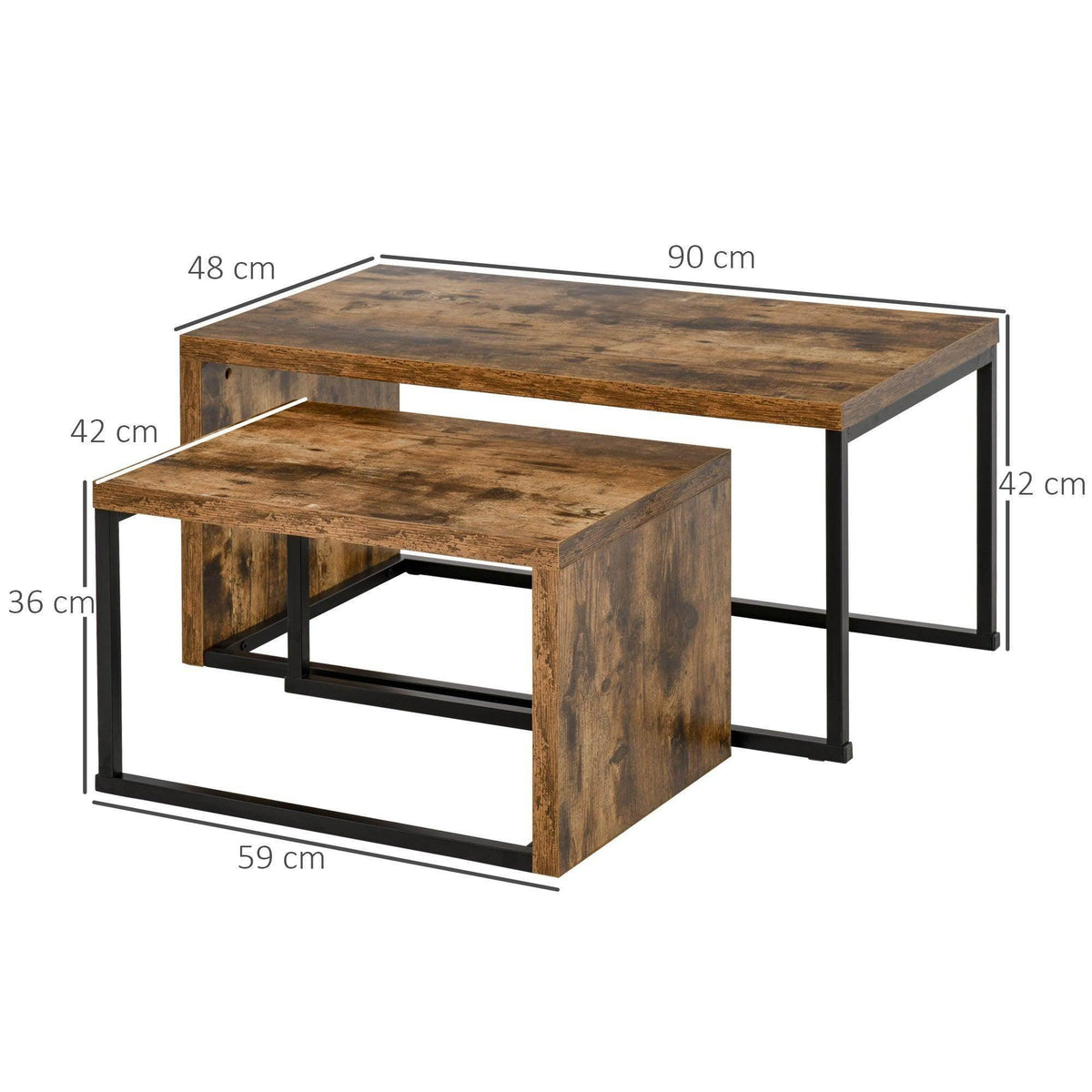 Nesting coffee table set with rustic wood tops and black metal frame, 90 x 59 cm
