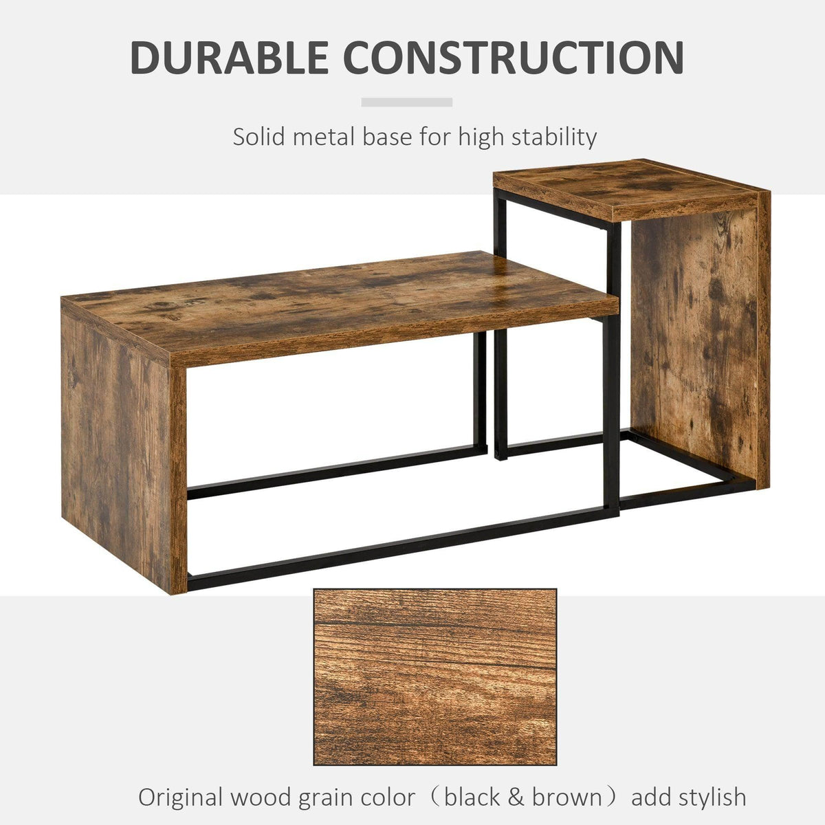 Industrial coffee table set with sturdy black metal base and distressed wood surfaces