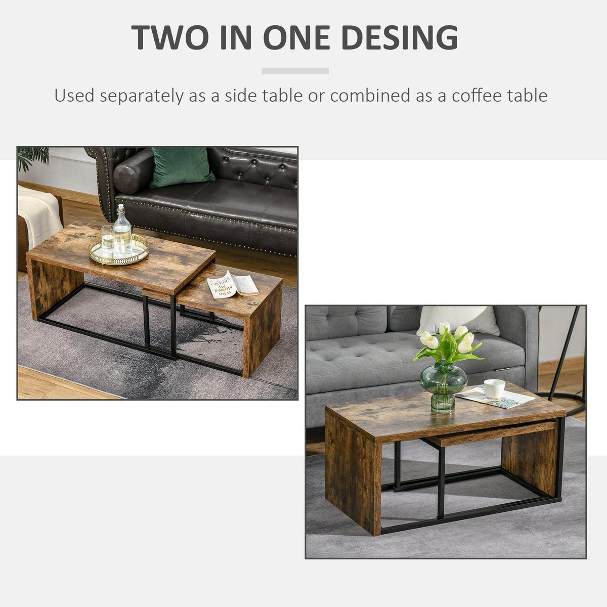 Two nesting coffee tables that separate for side use, rustic wood and black metal frames