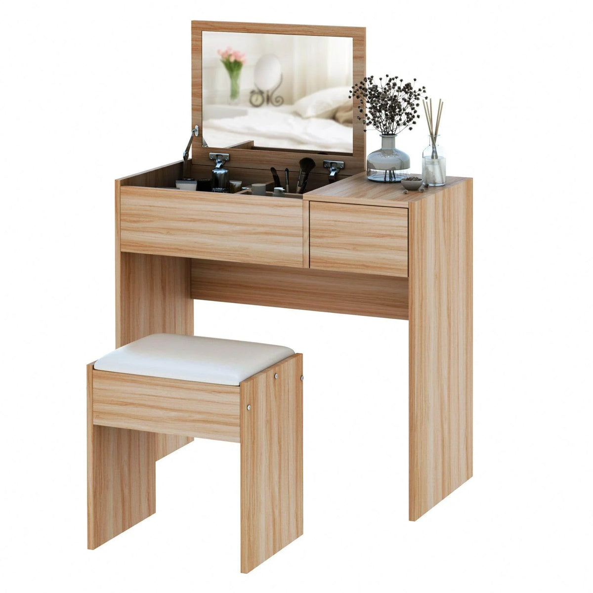 Light wood dressing table set with mirror and cushioned stool