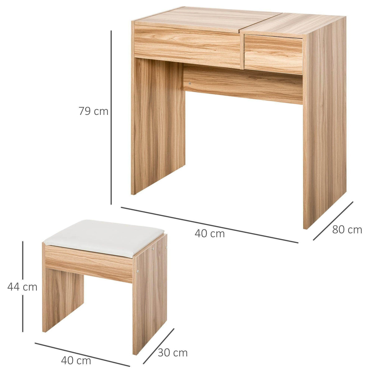 Light wood vanity table with open shelf and included padded stool (dimensions shown)