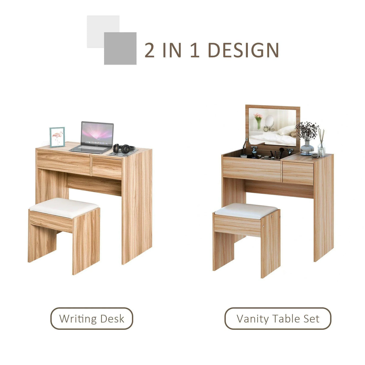 Light wood vanity table set with mirror and padded stool in two layout styles