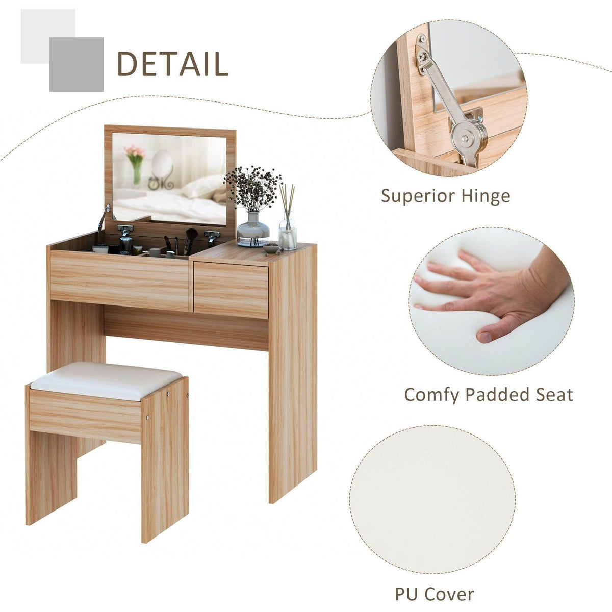 Light wood dressing table set with mirror, cushioned seat, and hinge detail