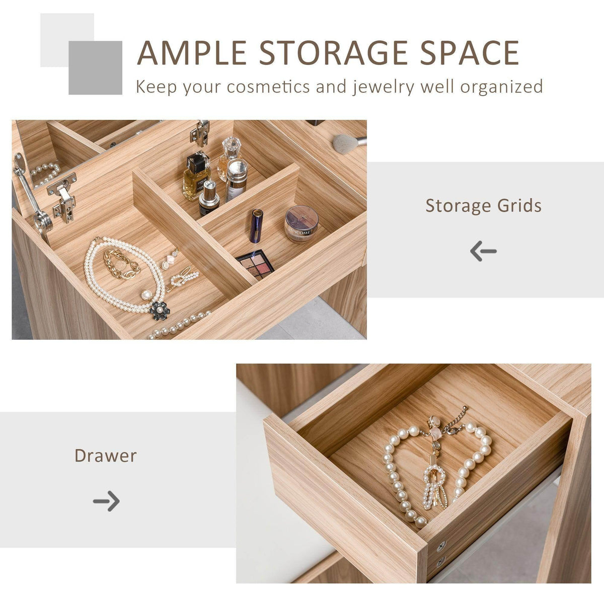 Light wood dressing table drawer with storage compartments for toiletries and jewelry