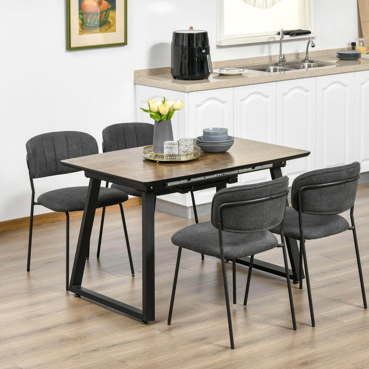 Extendable dining table with dark wood-look top and black metal frame, square legs