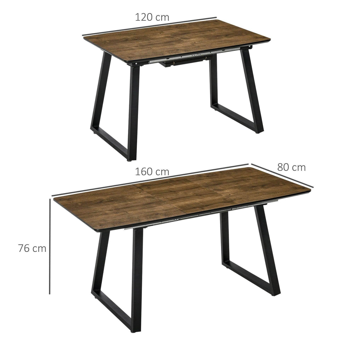 Extendable dining table top shown extended, brown wood finish on black metal legs