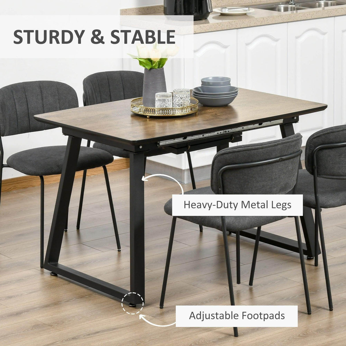 Extendable dining table with heavy-duty black metal legs and adjustable footpads