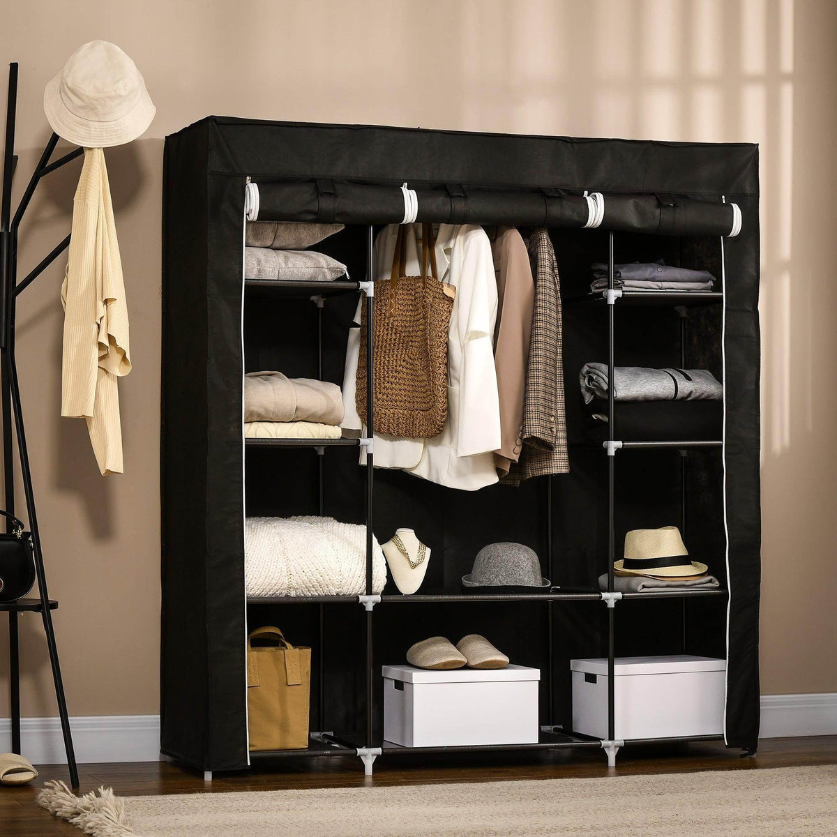 Black fabric wardrobe with hanging rail and 10 shelves