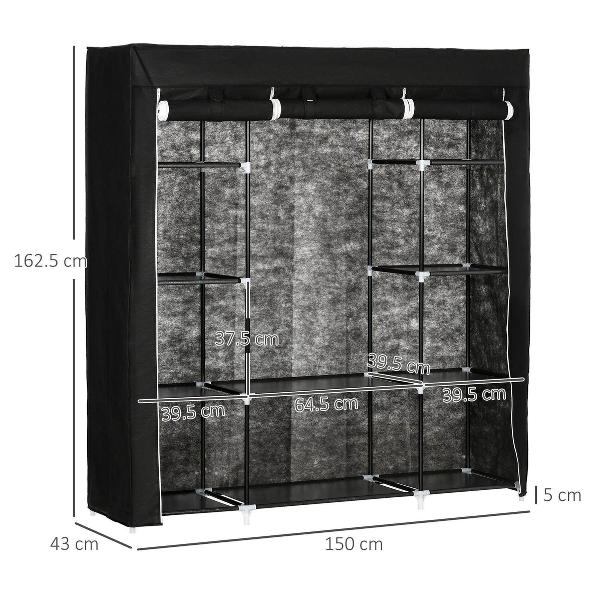Black fabric wardrobe layout with shelves and hanging rail, with measurement marks