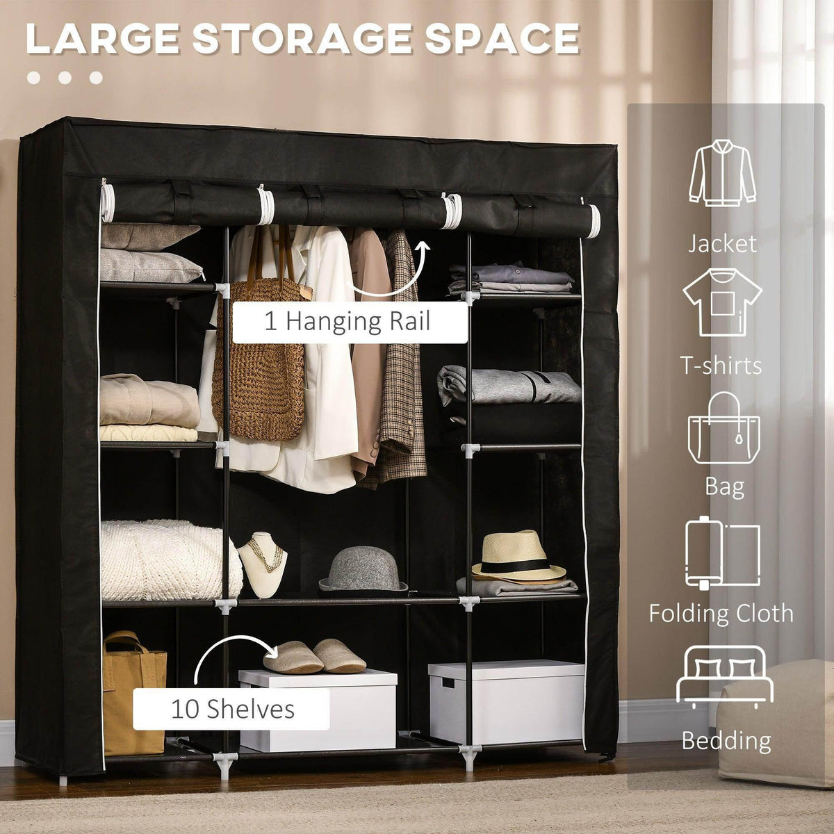 Black fabric wardrobe with hanging rail, 10 shelves, and storage sections