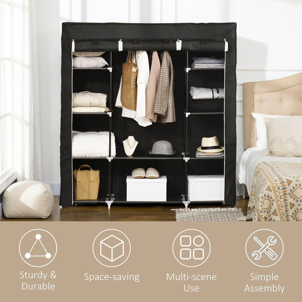 Black fabric wardrobe with hanging rail and 10 shelves, open storage for clothes