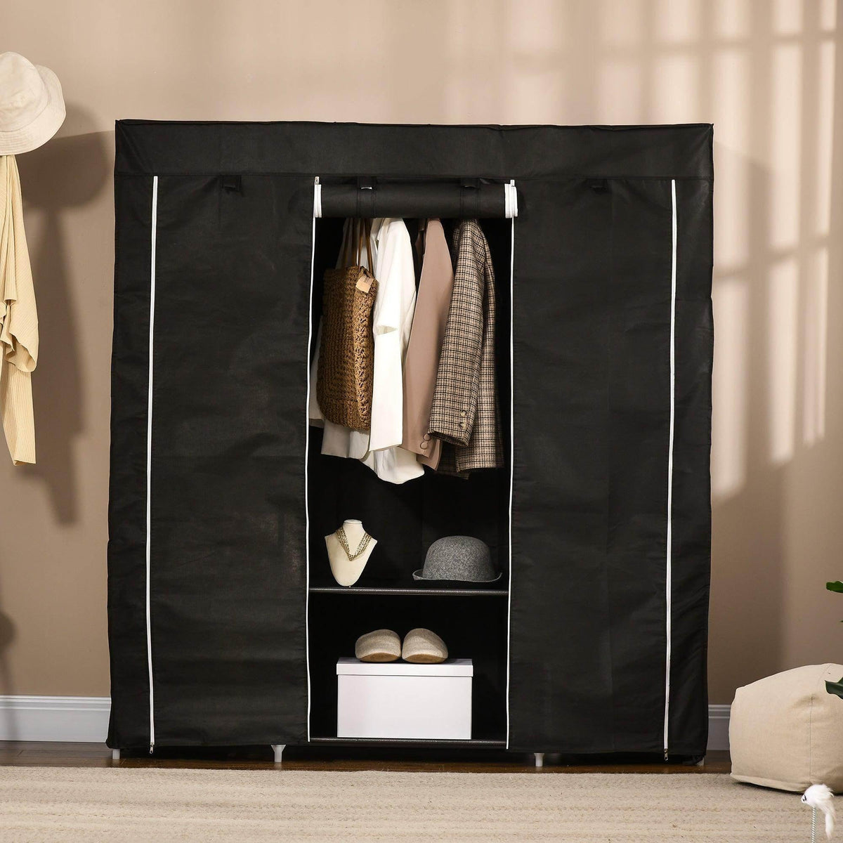 Black fabric wardrobe with open front, hanging rail, and shelf storage