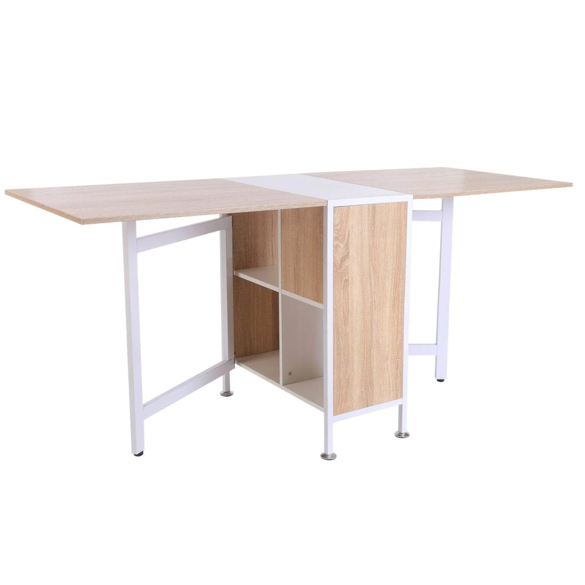 Foldable dining table with storage shelves, light oak top and white frame with cabinet door